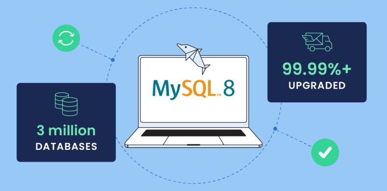 laptop with MySQL 8 logo and number of successfully upgraded websites