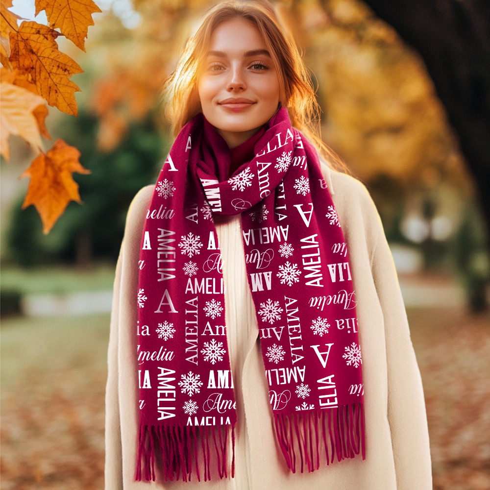 Personalized Name Snowflake Design Soft Scarf, Unisex Christmas Scarves with Tassel, Winter Accessories, Christmas Gift for Family/Friends/Couples