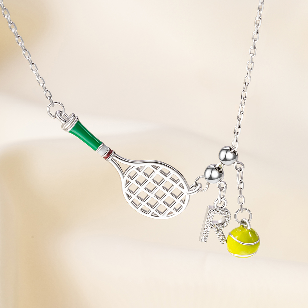Personalized Tennis Racket Necklace with Initial & Ball Charm, Sports Pendant Necklace, Dainty Jewelry, Birthday/Game Day Gift for Tennis Lover/Women