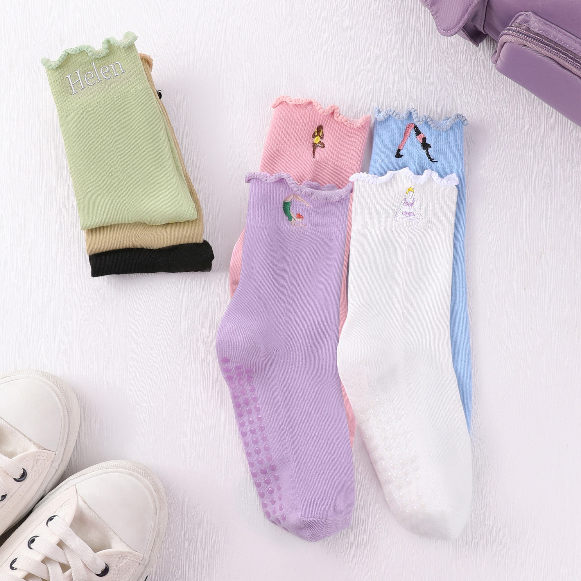 Personalized Name Embroidered Ruffle Trim Pilates Socks, One Size Non-slip Women's Mid-Crew Socks, Birthday/Sports Gifts for Pilates & Yoga Lovers