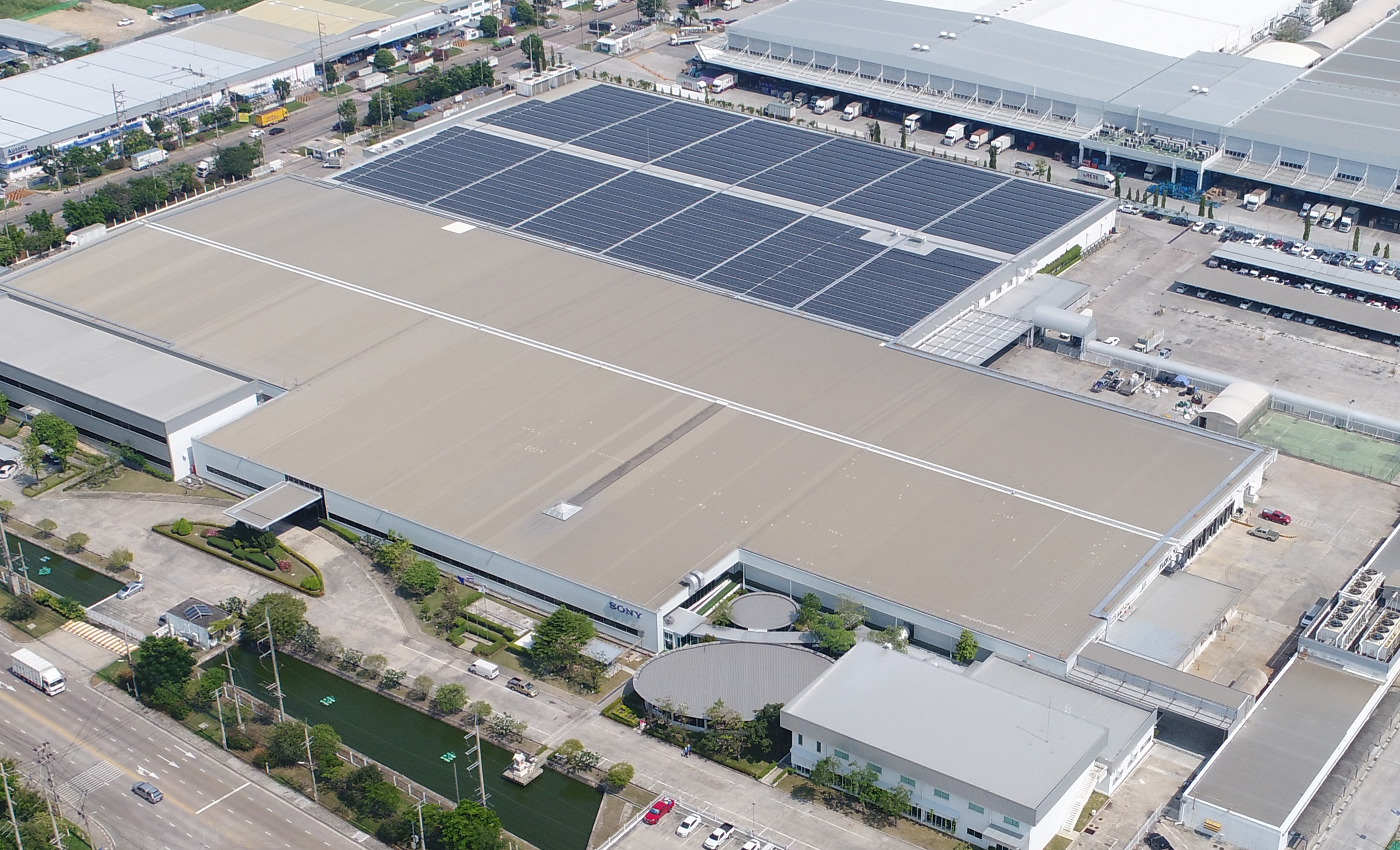 Aerial shot of Sony production plant with solar panels