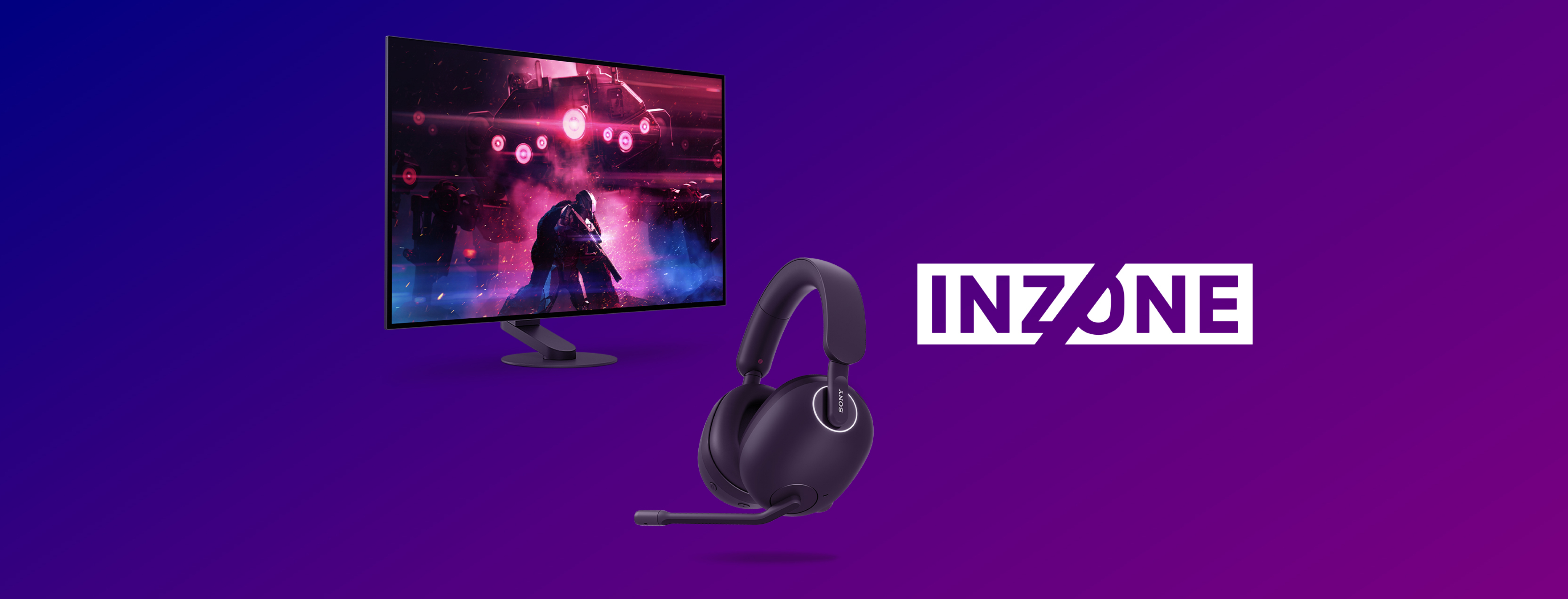 A product shot of the new M10S Gaming Monitor with gaming graphics on it and the INZONE H9 both on a purple background with INZONE logo