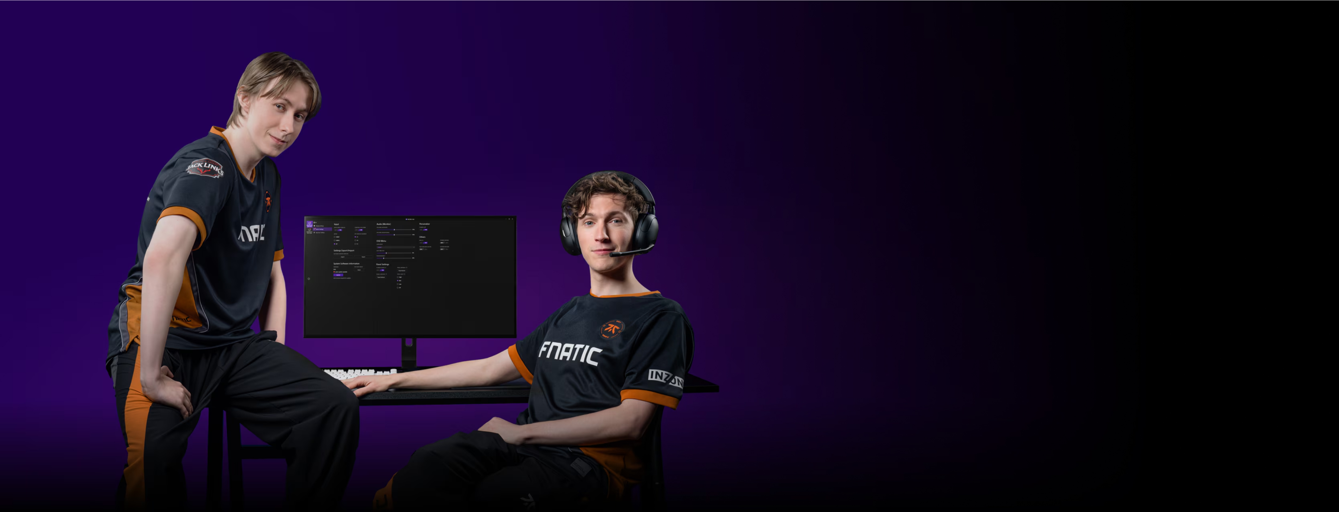 A promotional photo of two FNATIC players posing with the M10S Gaming Monitor Screen with one of the players wearing on his H5 Gaming headphones.