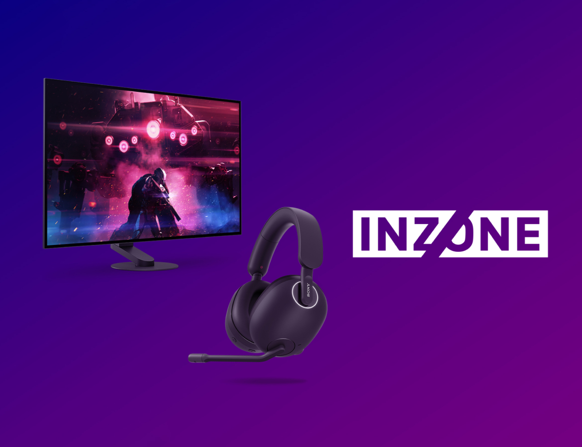 A product shot of the new M10S Gaming Monitor with gaming graphics on it and the INZONE H9 both on a purple background with INZONE logo