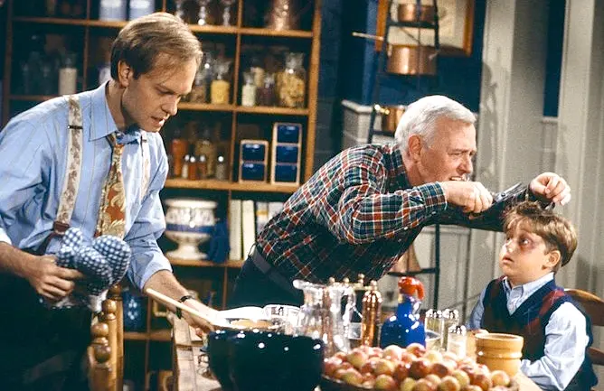 David Hyde Pierce, John Mahoney, and Trevor Einhorn in "A Lilith Thanksgiving" (Photo: NBC)