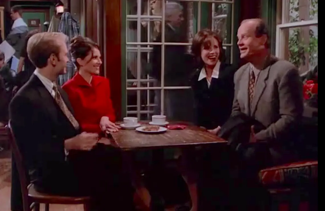 David Hyde Pierce, Megan Mullally, Lisa Darr, and Kelsey Grammer in "Four for the Seesaw" (Photo: NBC)