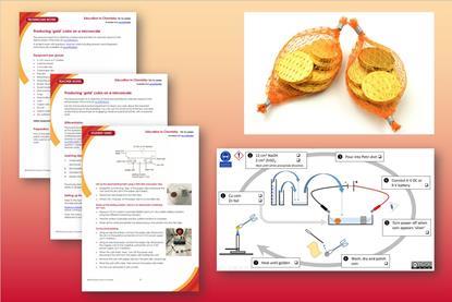 Image showing a one page from the technician notes, teacher notes, student sheet and integrated instructions that make up this resource, plus two bags of chocolate coins