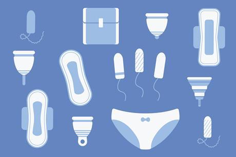 An illustration showing different types of period products, from pads to tampons to cups