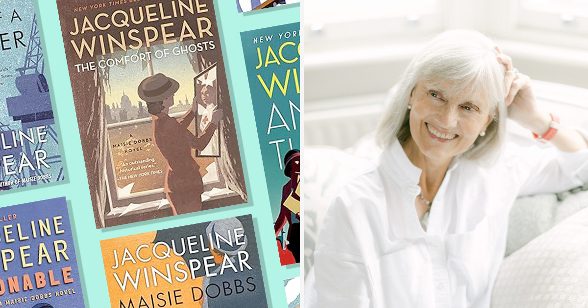 Photo of author Jacqueline Winspear next to jacket images of several of her books, including "The Comfort of Ghosts" and "Maisie Dobbs."