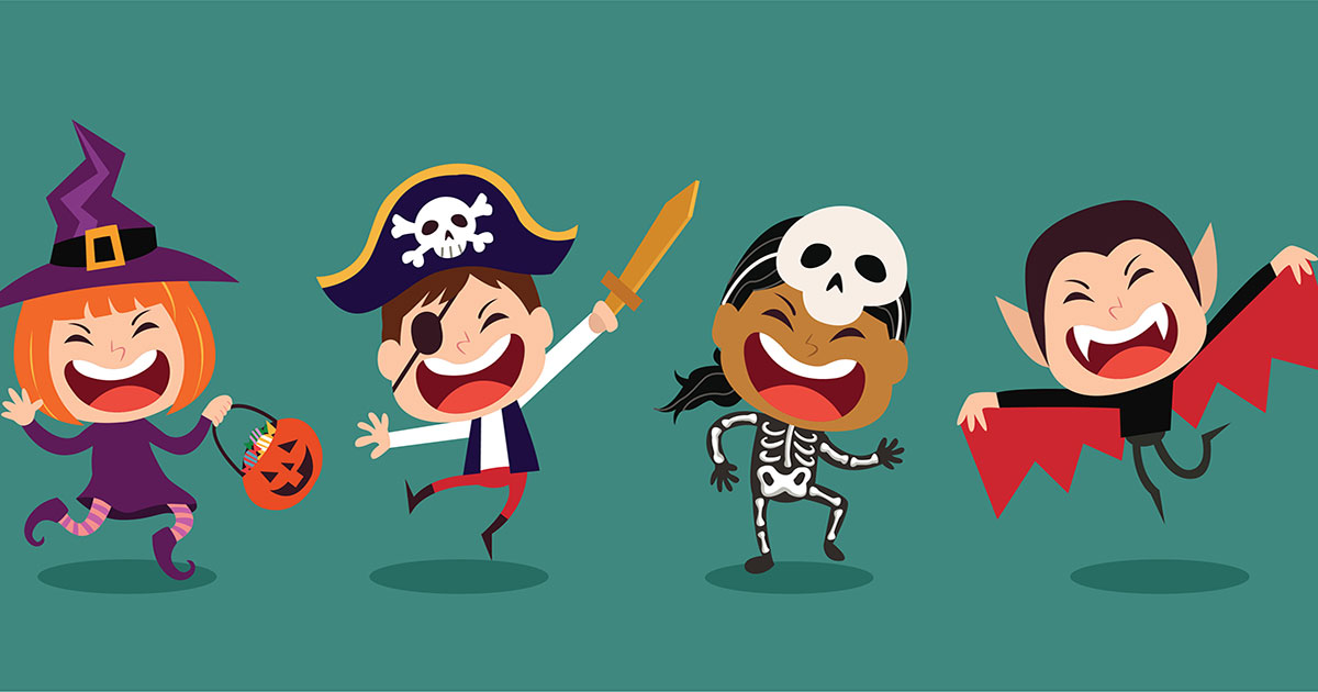 Illustration of smiling kids in Halloween costumes