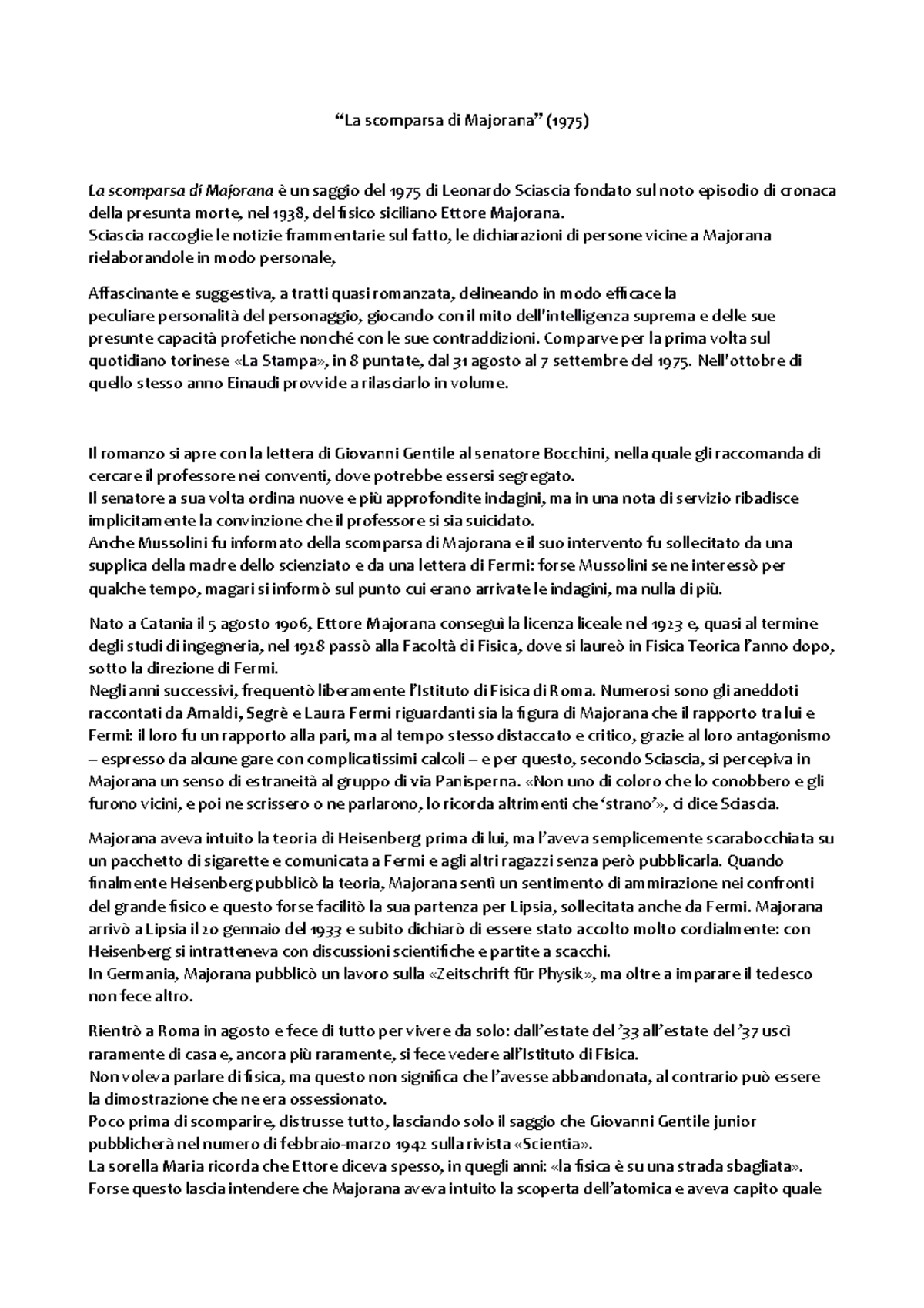La Scomparsa Di Majorana L Sciascia Ok La Scomparsa Di Majorana 1975 La Scomparsa Di Studocu