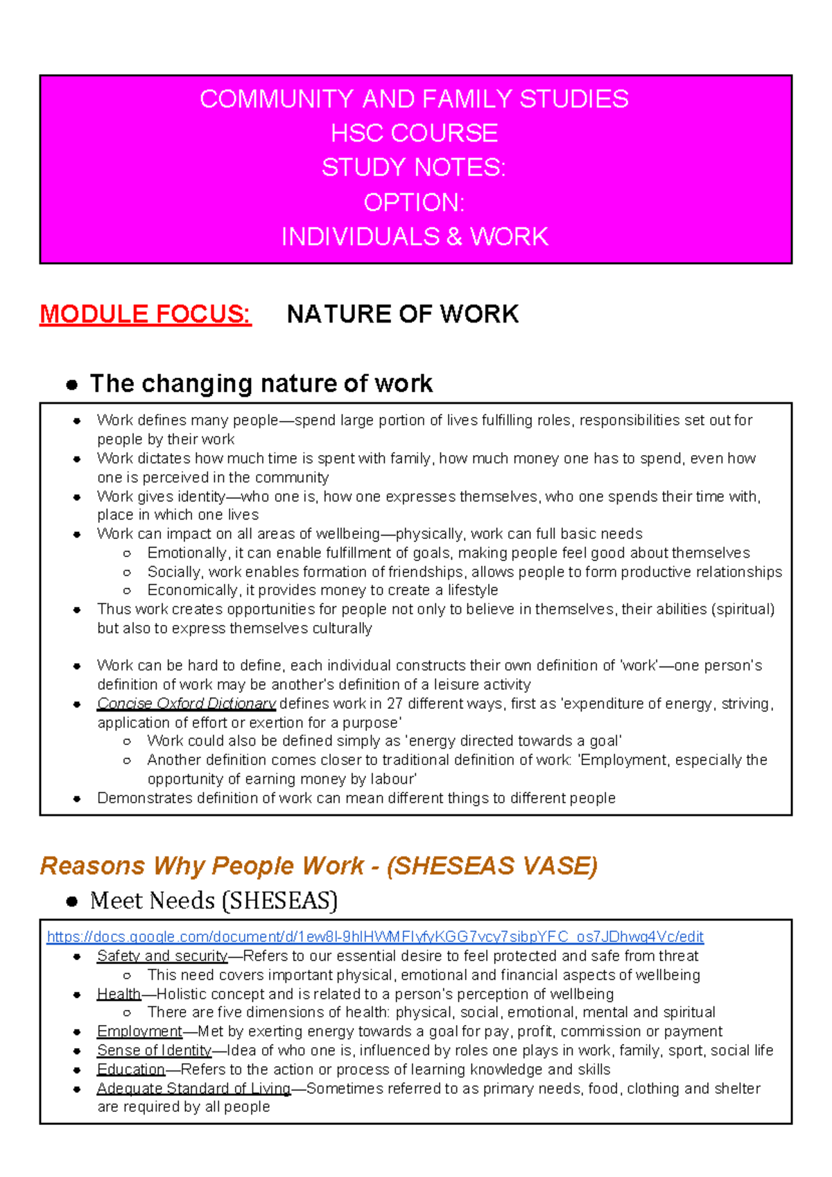 Cafs Hsc Notes Individuals And Work Option One Community And Family Studies Hsc Course Study Studocu