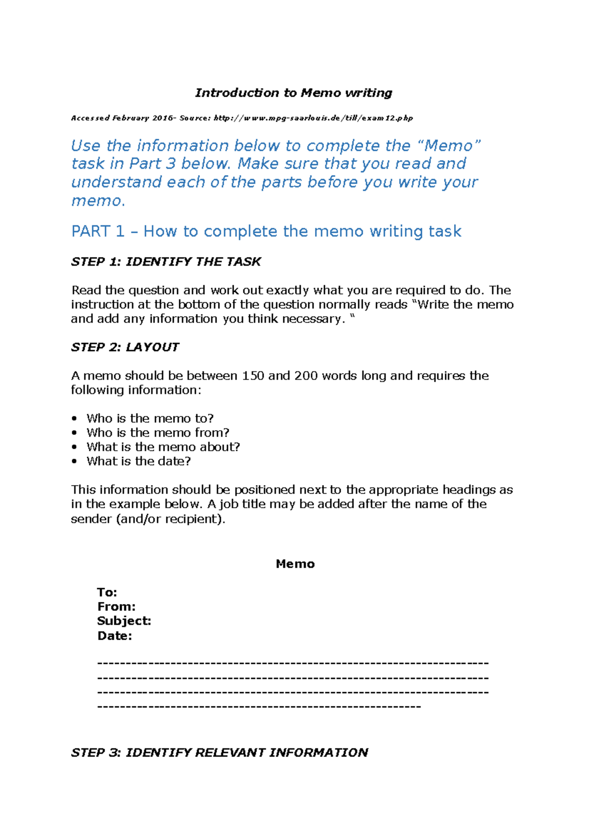 Introduction To Memo Writing Notes Task Introduction To Memo Writing Accessed February Source Studocu