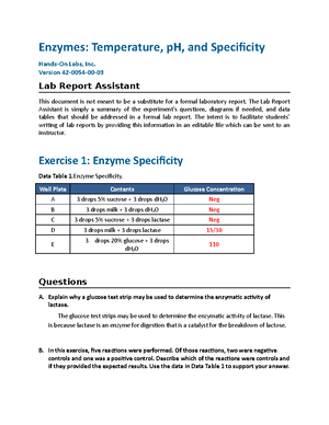 Lab Enzymes Temperature P H And Specificity Enzymes Temperature Ph And Specificity Hands On Studocu