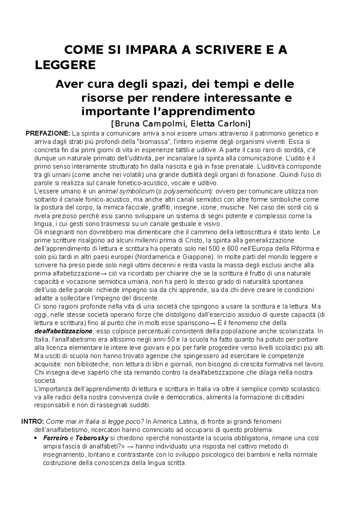 Come Si Impara A Scrivere E A Leggere Aver Cura Degli Spazi Dei Tempi E Delle Risorse Per Rendere Studocu