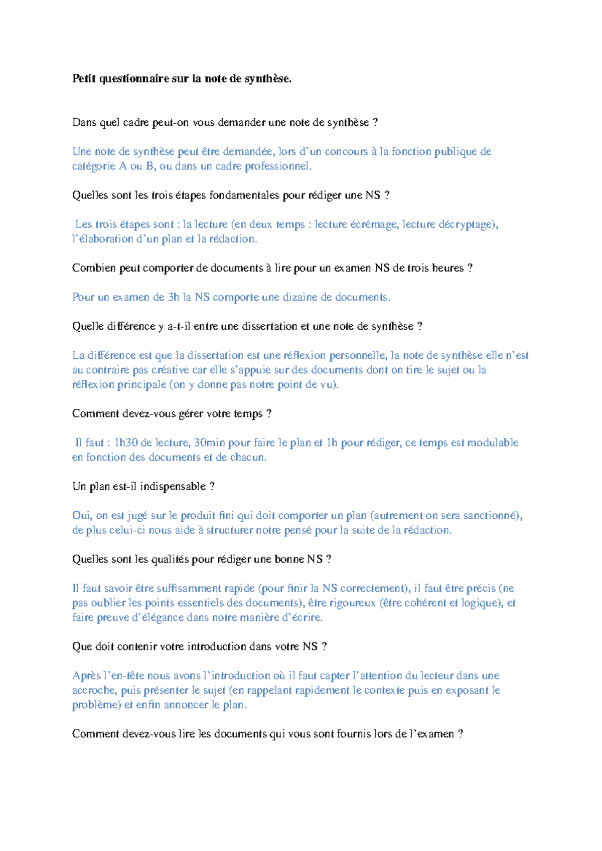Questionnaire Note De Synthese Petit Questionnaire Sur La Note De Synthese Dans Quel Cadre Studocu