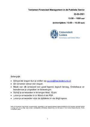 Financieel Management Van De Publieke Sector Oud Tentamen 1 Tentamen Financieel Management In De Studeersnel