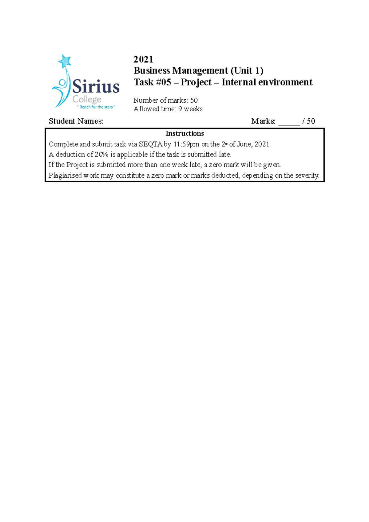 2021 Business Project Sdfsdfs 2021 Business Management Unit 1 Task 05 Project Internal Studocu