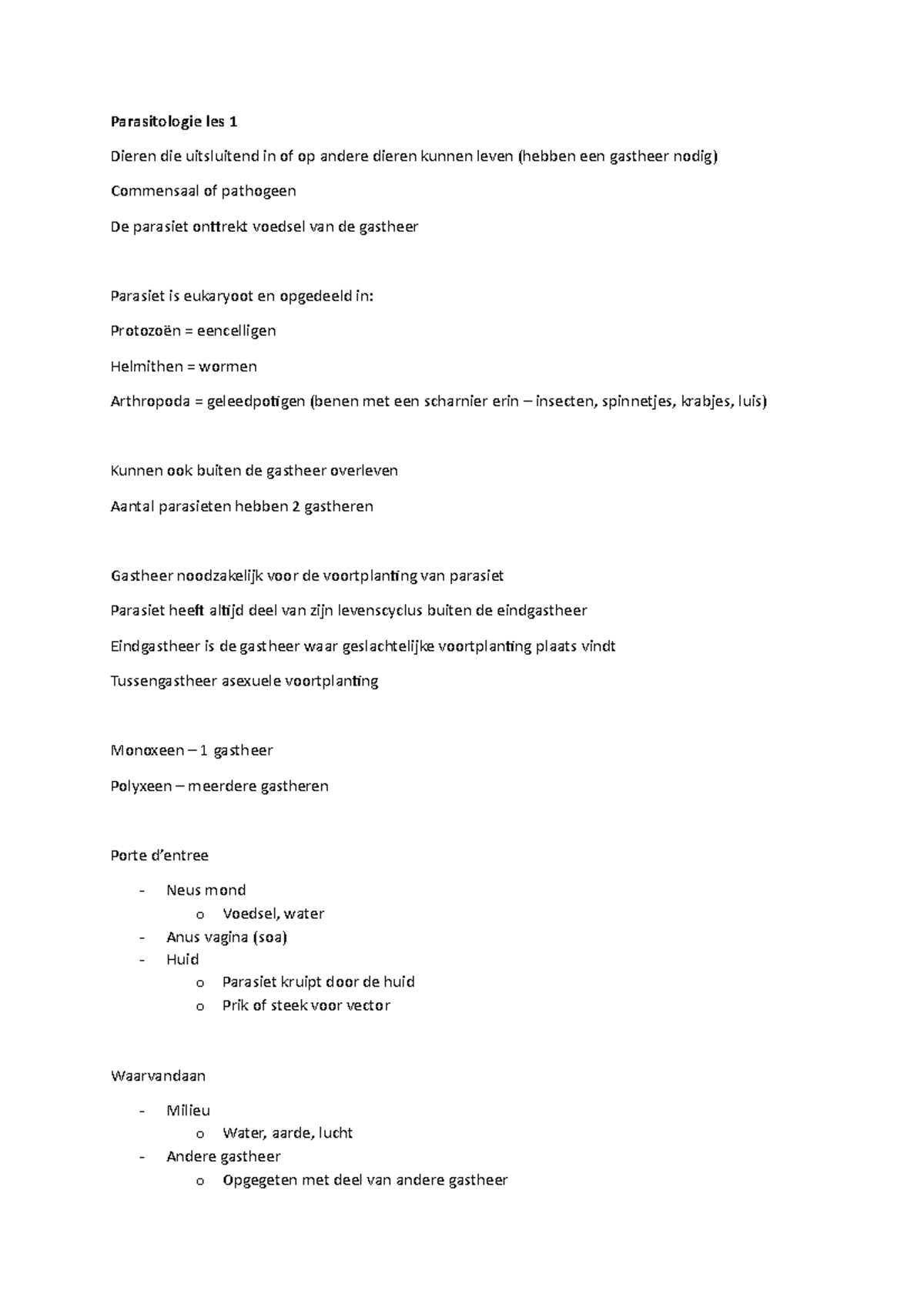 Parasitologie Les 1 College Aantekeningen 1 Parasitologie Les 1 Dieren Die Uitsluitend In Of Op Studeersnel