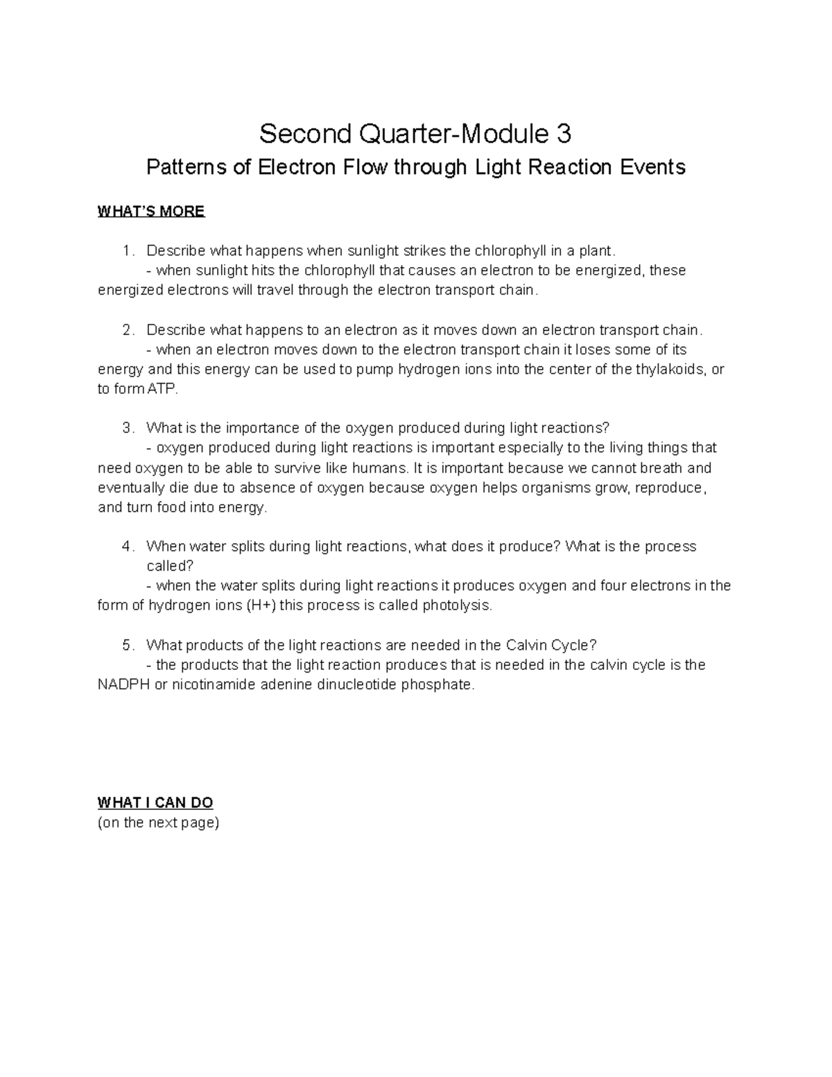 General Biology Patterns Of Electron Flow Through Light Reaction Events Second Quarter Module 3 Studocu
