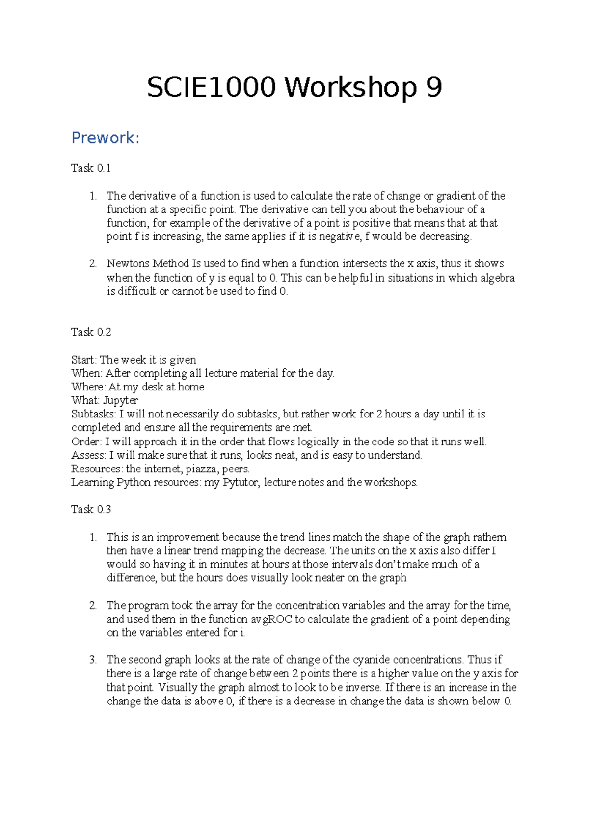 Scie1000 Workshop 9 The Derivative Of A Function Is Used To Calculate The Rate Of Change Or Studocu