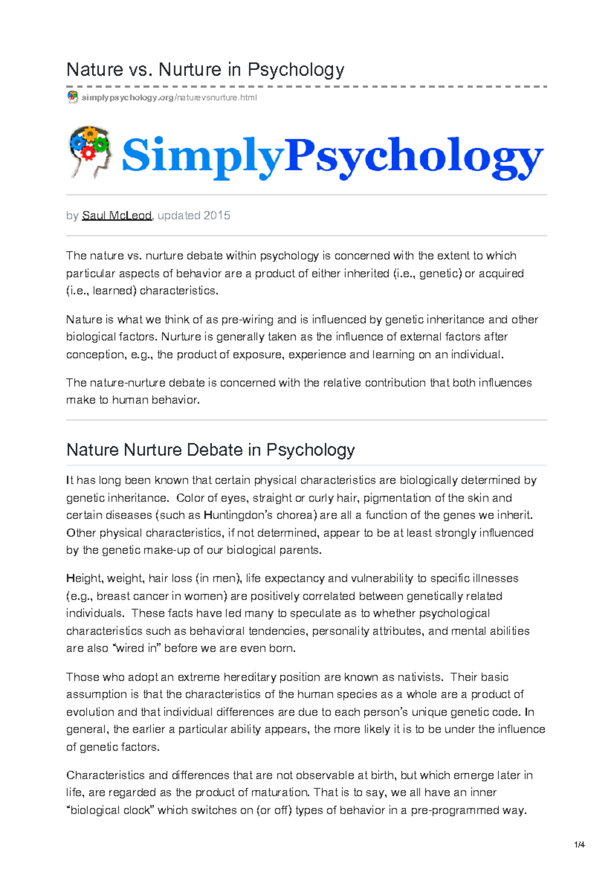 Simplypsychology Nuture Vs Nature Nature Vs Nurture In Psychology Studocu
