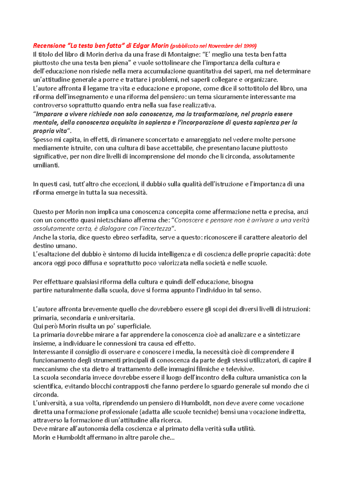 Recensione La Testa Ben Fatta Recensione Testa Ben Di Edgar Morin Pubblicato Nel Novembre Del Studocu