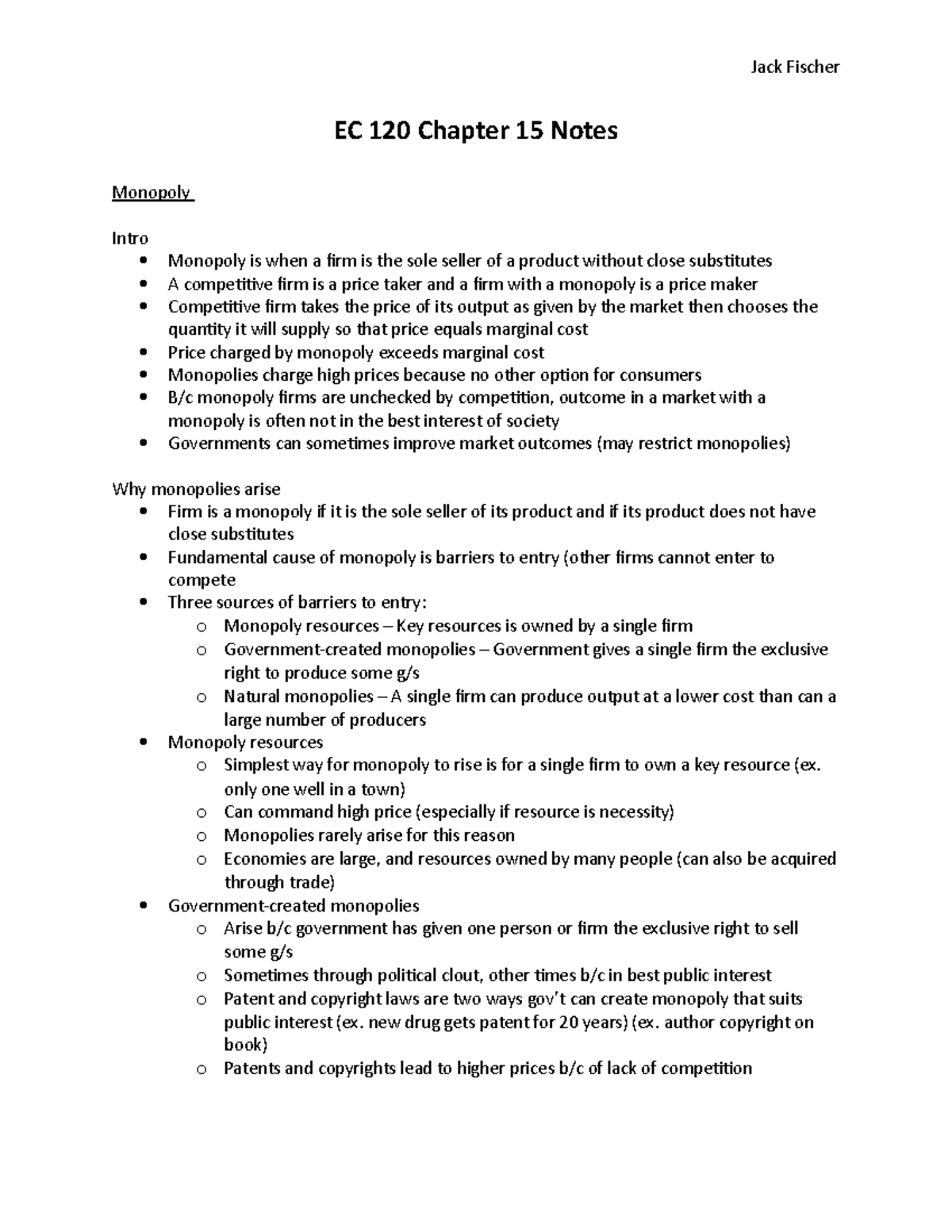 Ec 120 Chapter 15 Notes Ec 120 Chapter 15 Notes Monopoly Intro Monopoly Is When A Firm Is The Studocu