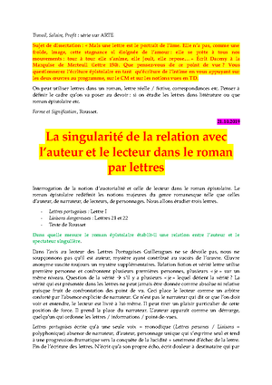 Litterature La Singularite De La Relation Avec L Auteur Et Le Lecteur Studocu