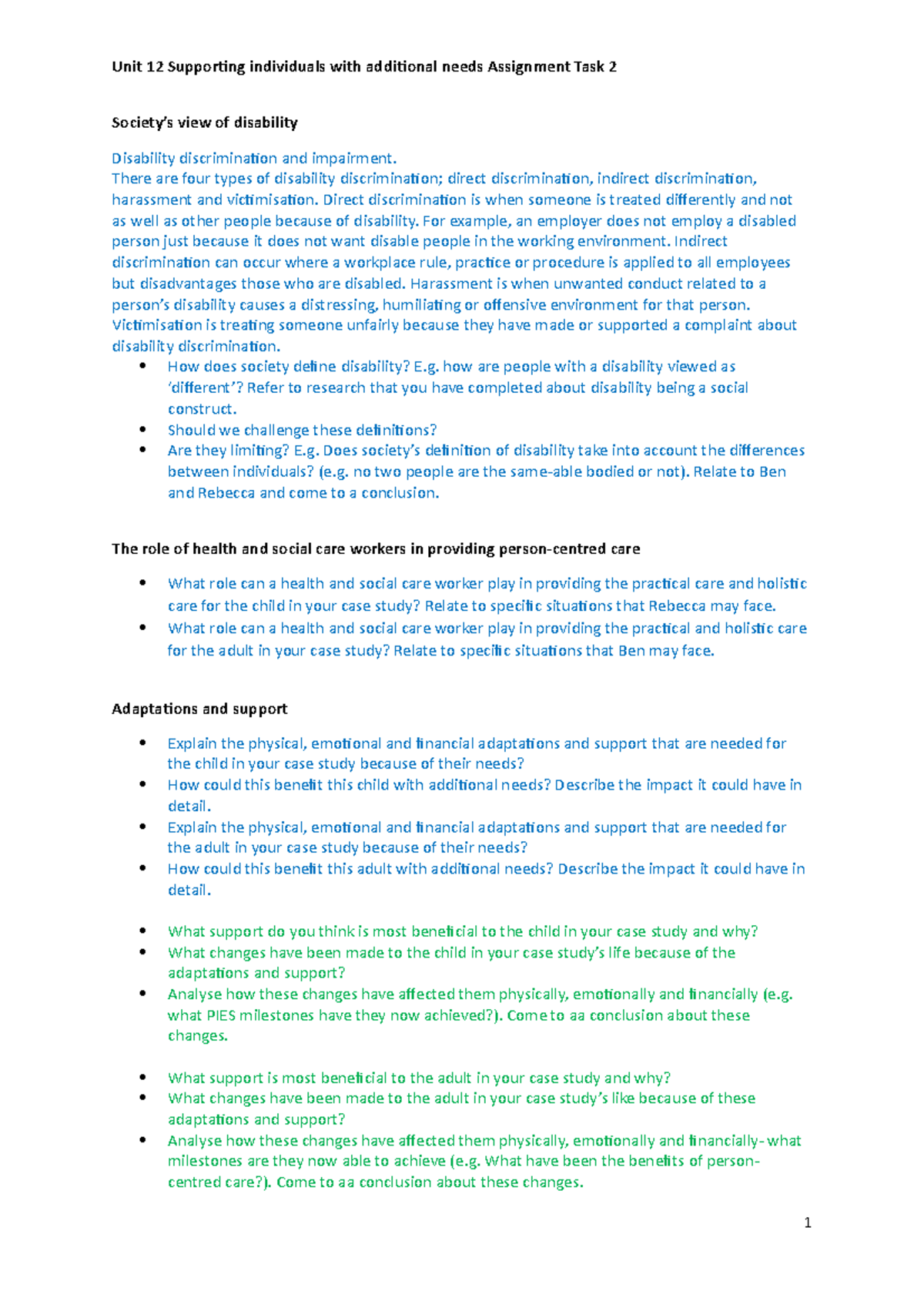Unit 12 Task 2 Health Care Unit 12 Supporting Individuals With Additional Needs Assignment Task Studocu