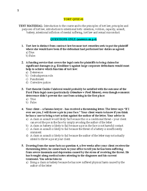 Tort Quiz 1 Study Tort Quiz Test Material Introduction To The Course And To The Principles Of Studocu