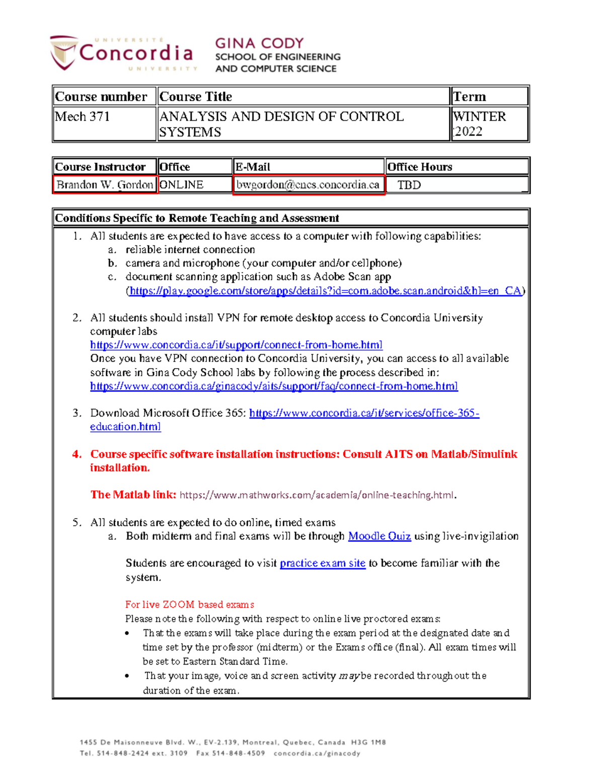 Mech371 Outline 2022 Course Number Course Title Term Mech 371 Analysis And Design Of Control Studocu
