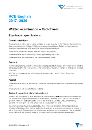 English Specs W Vce English Vcaa Description C Vcaa 2016 December 2016 Vce English 201 7 20 Studocu