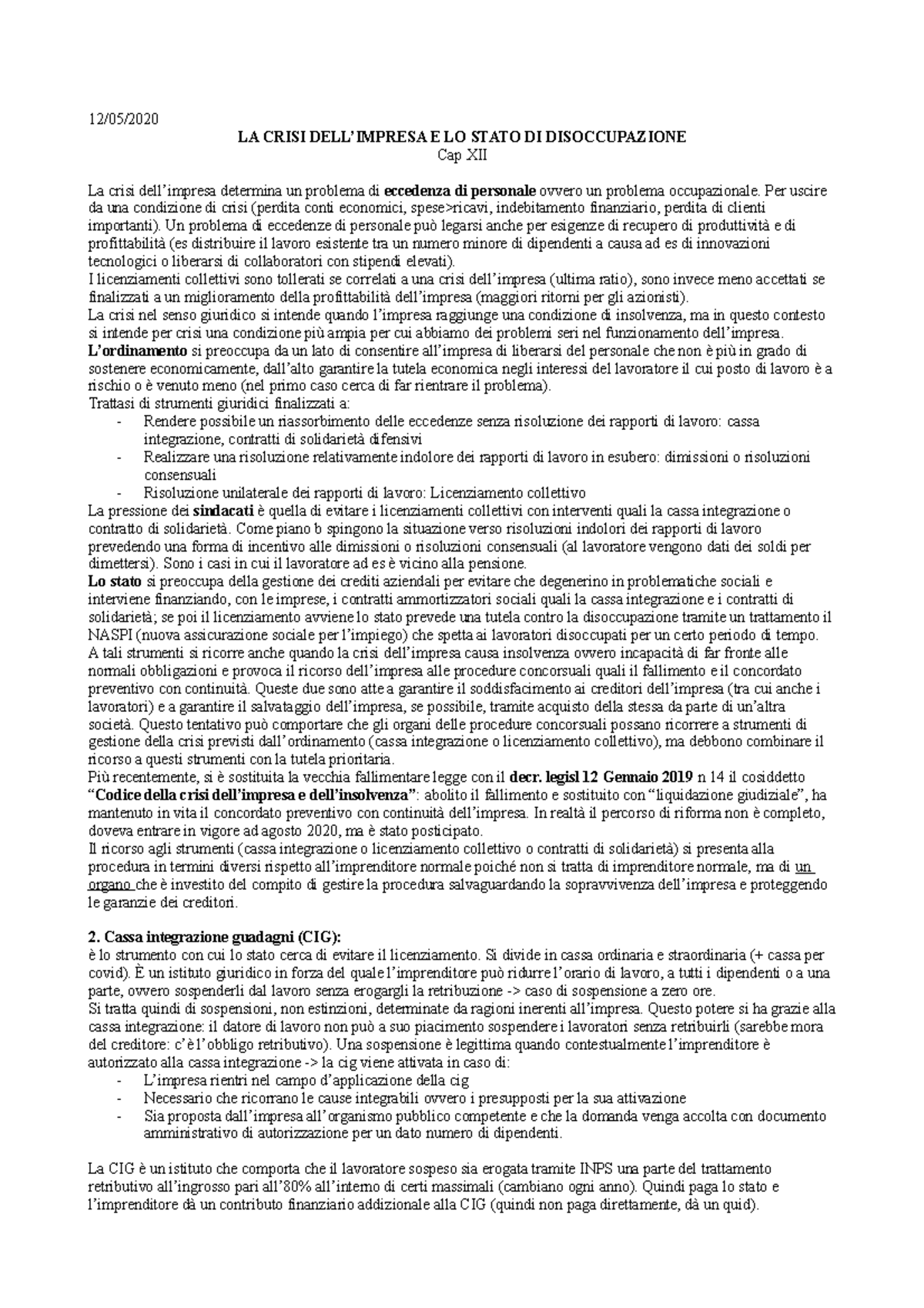 La Crisi Dell Impresa E Lo Stato Di Disoccupazione Diritto Del Lavoro Ii 12 05 La Crisi Studocu