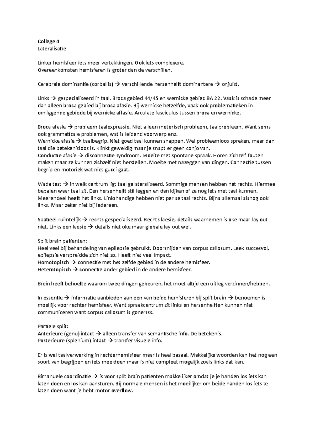 College 4 Aantekeningen En Opmerkingen Neuropsychologie Rug Studeersnel