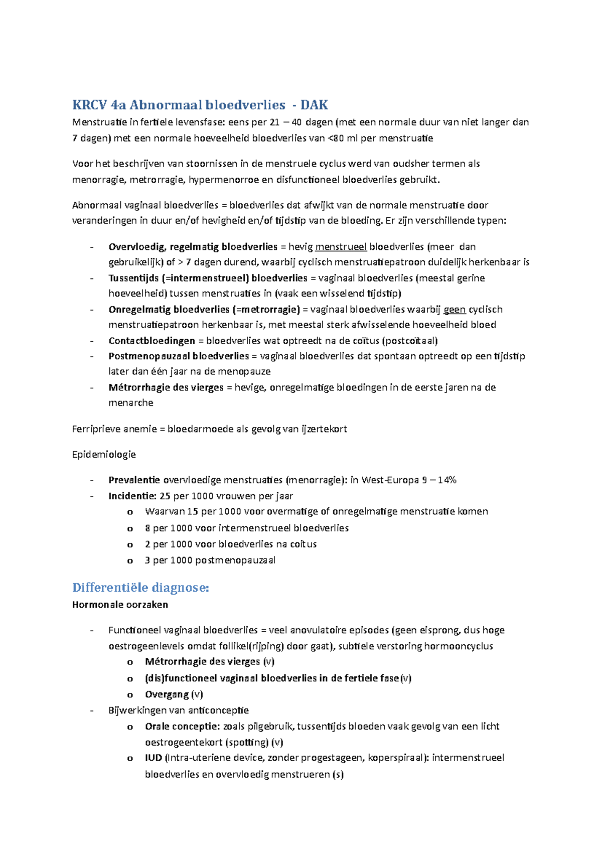 Krcv 04a Abnormaal Vaginaal Bloedverlies Samenvatting Alledaagse Klachten Krcv 4a Abnormaal Studeersnel