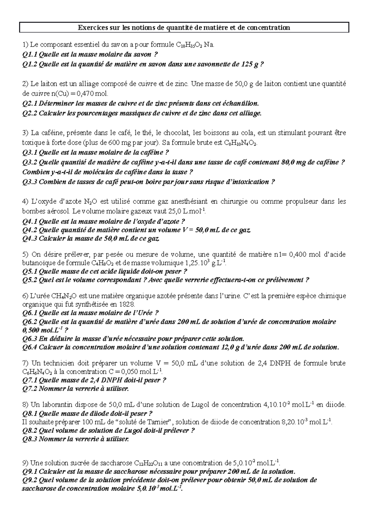 quantité de matière formule