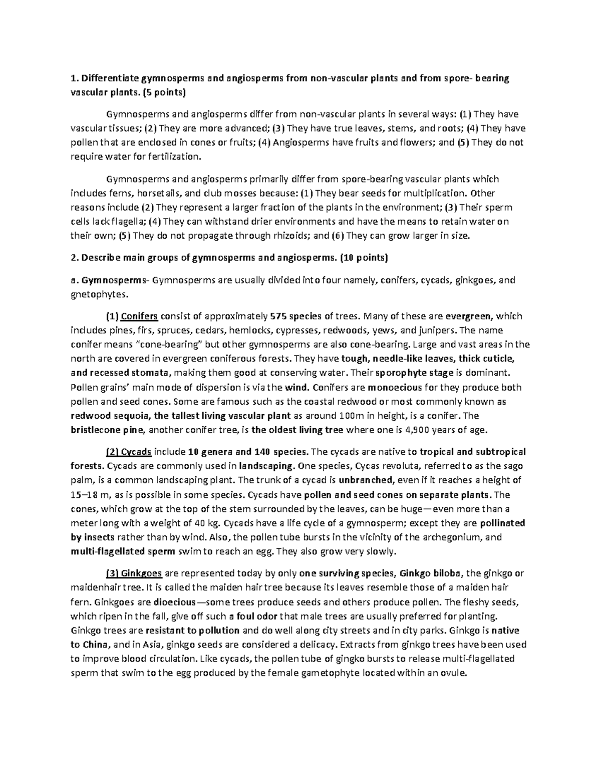 Gymnosperms Vs Angiosperms 1 Differentiate Gymnosperms And Angiosperms From Non Vascular Plants Studocu