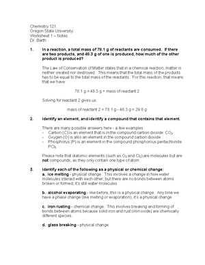 Ch 121 Worksheet 1 Key Chemistry 121 Oregon State University Worksheet 1 Notes Dr Barth 1 In A Studocu