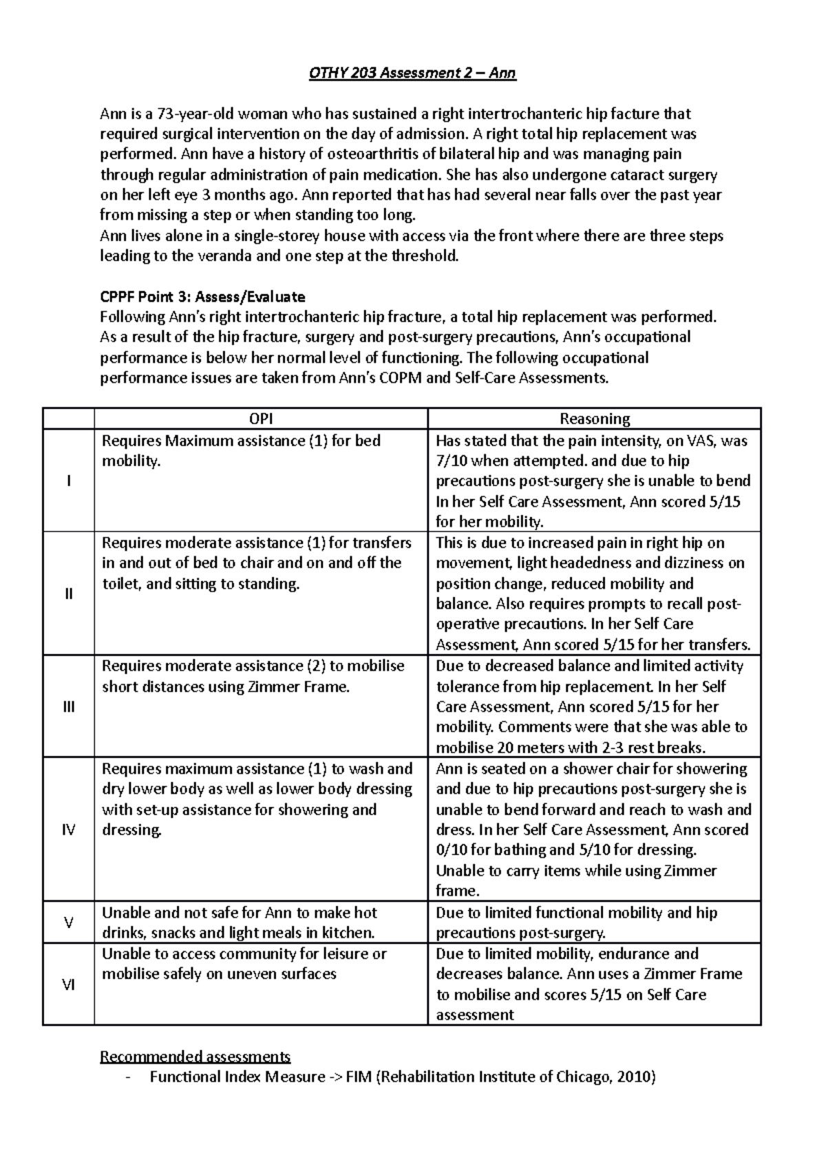 Othy 203 Assessment 2 Ann Othy 203 Assessment 2 Ann Ann Is A 73 Year Old Woman Who Has Studocu