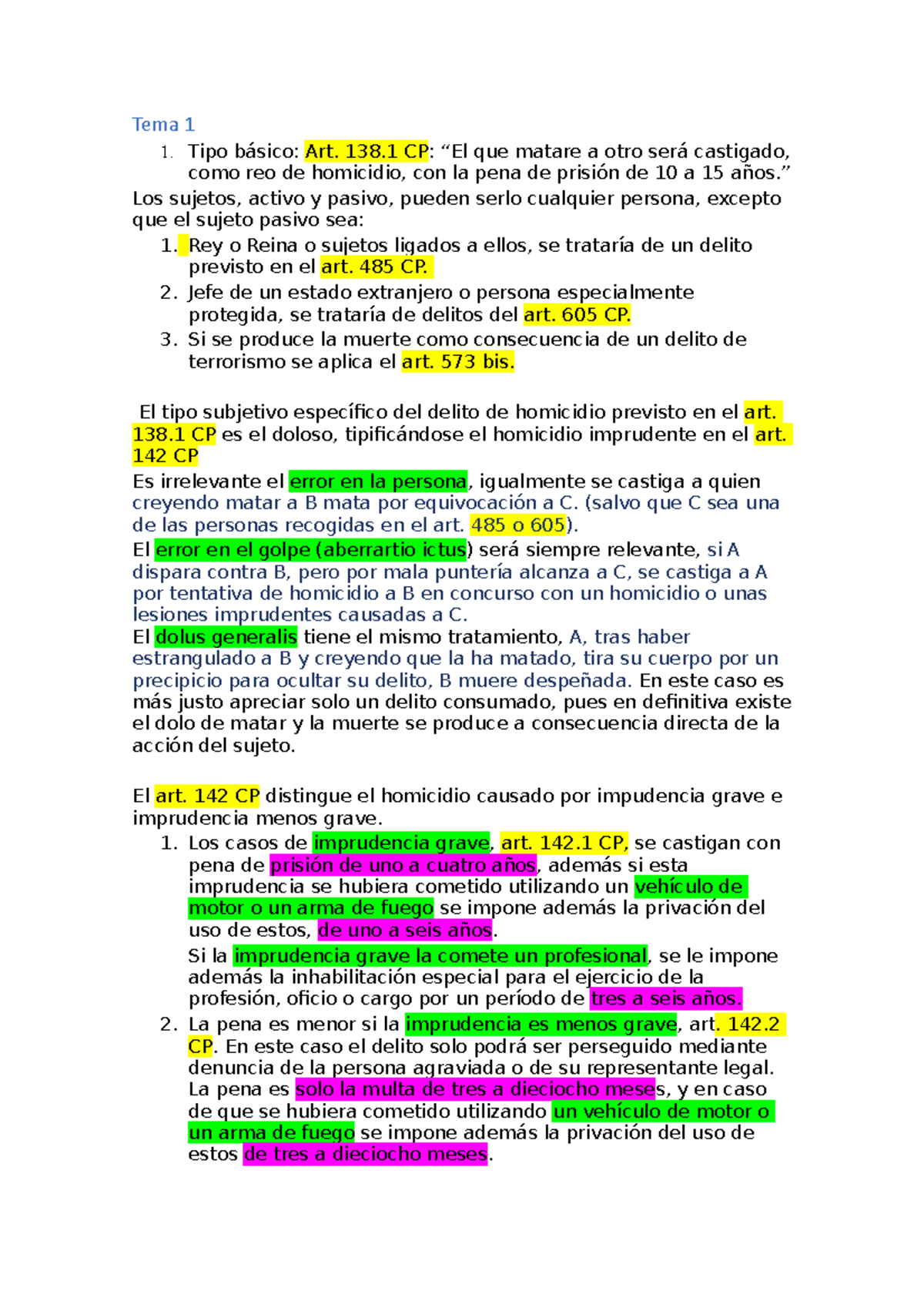 Derecho Penal Parte Especial Apuntes T1 15 Tema 1 Tipo Basico Art 138 Cp El Que Matare A Otro Studocu