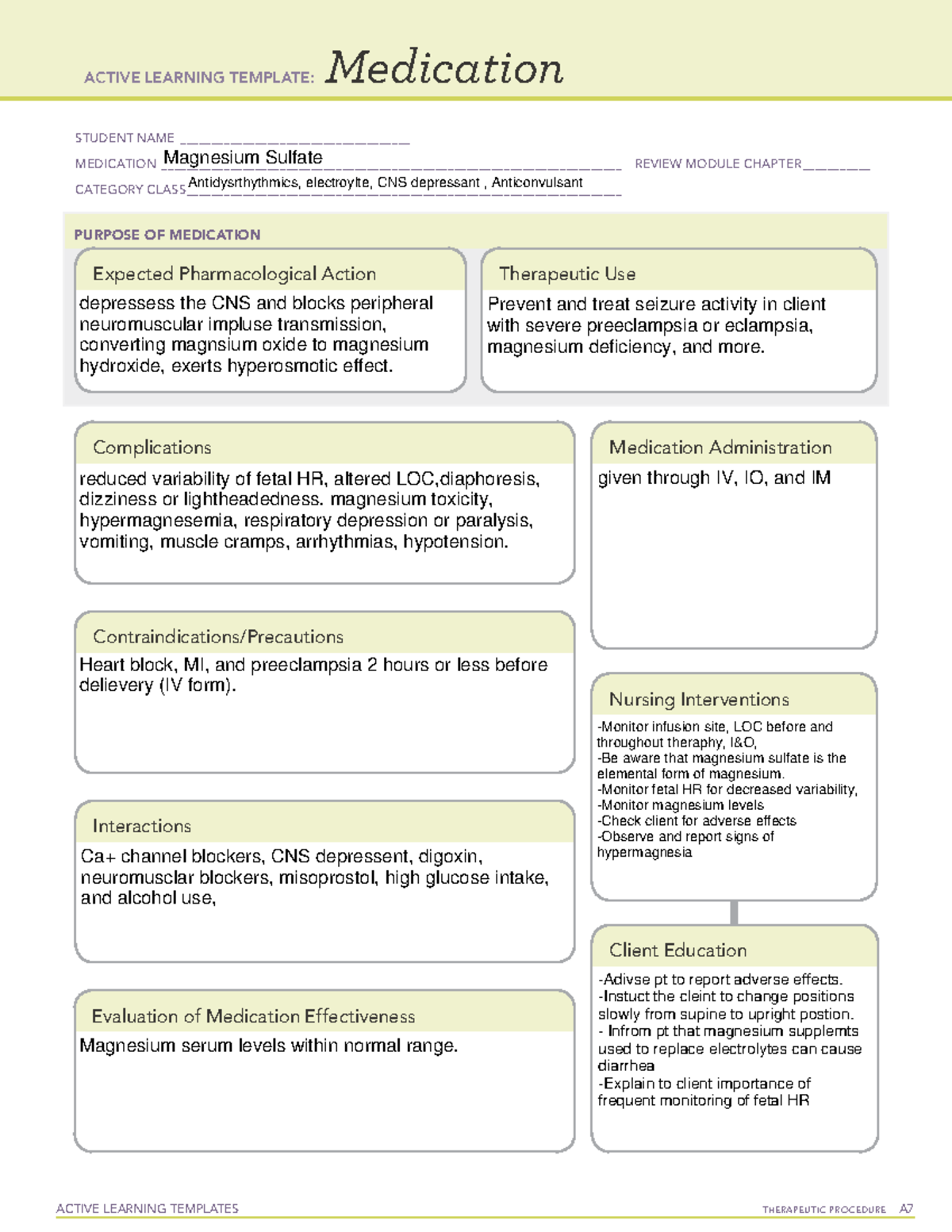 Magnesium Sulfate Medication Template Vn 100 Studocu