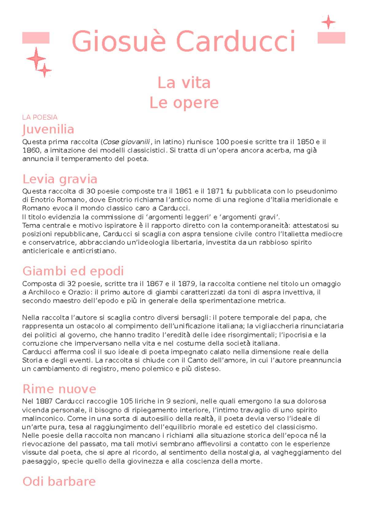 Italiano Giosue Carducci La Vita Le Opere La Poesia Juvenilia Questa Prima Raccolta Cose Studocu