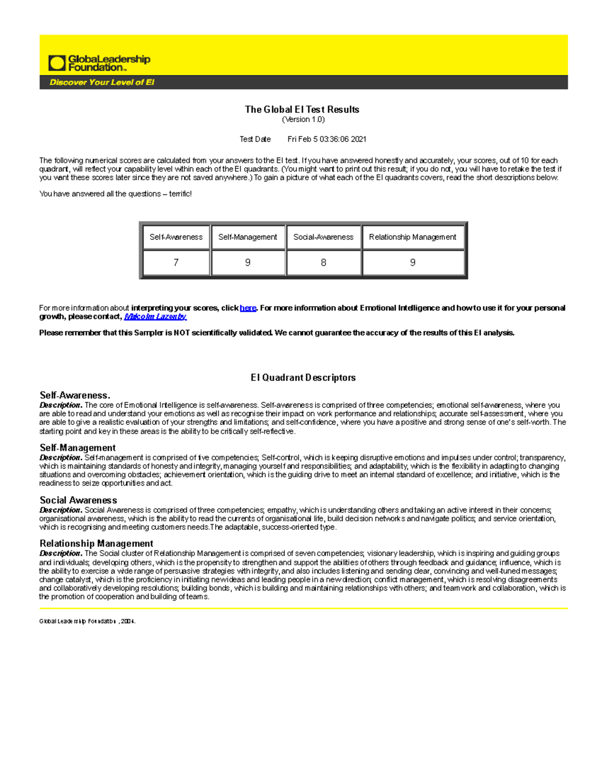 Emotional Intelligence Test Results The Global Ei Test Results Version 1 Test Date Fri Feb 5 Studocu