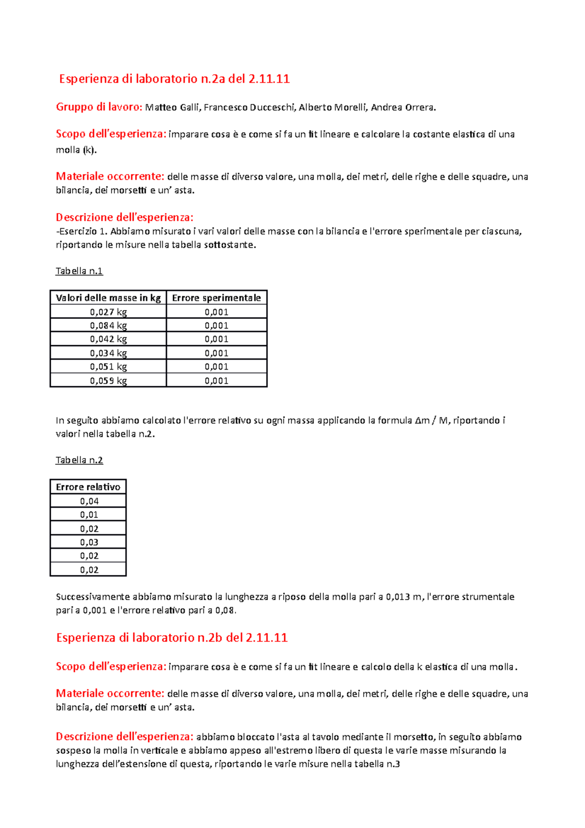Esercitazione N 2 Corretta Esperienza Di Laboratorio N Del 2 11 Gruppo Di Lavoro Matteo Galli Studocu