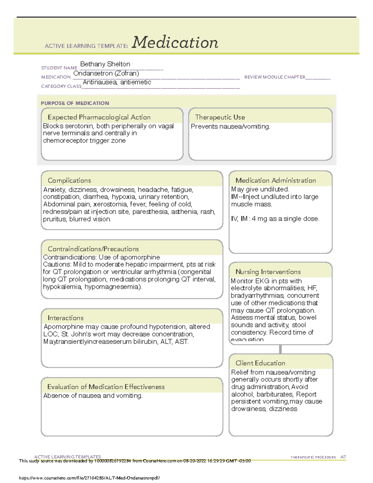 Ondansetron Ati Template Active Learning Templates Therapeutic Procedure A Medication Student Studocu