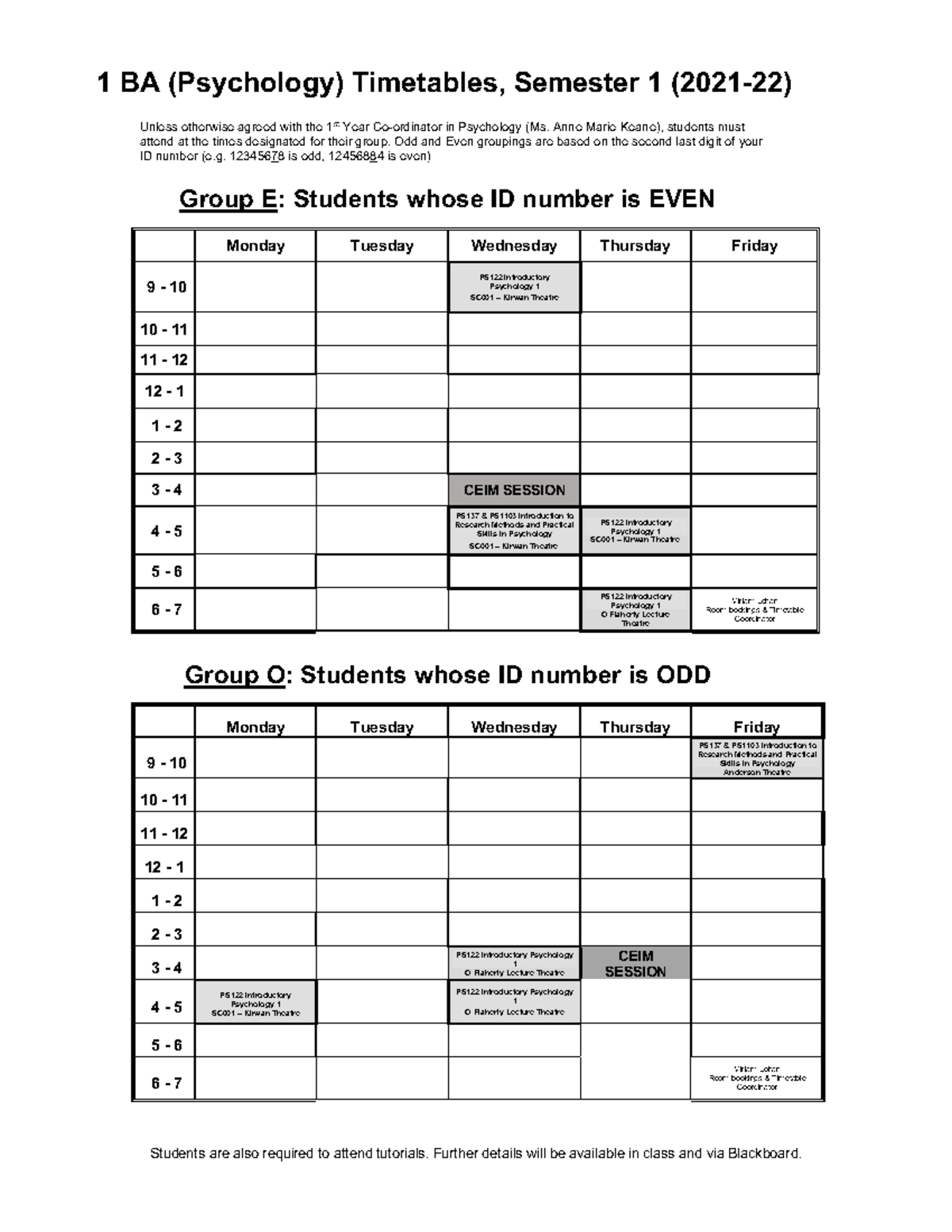 First Year Timetable S1 2122 Final 1 Ba Psychology Timetables Semester 1 2021 22 Unless Studocu