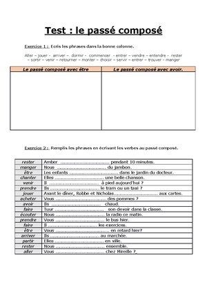Test Passe Compose Samenvatting Test Le Passe Compose Exercice 1 Ecris Les Phrases Dans La Studocu
