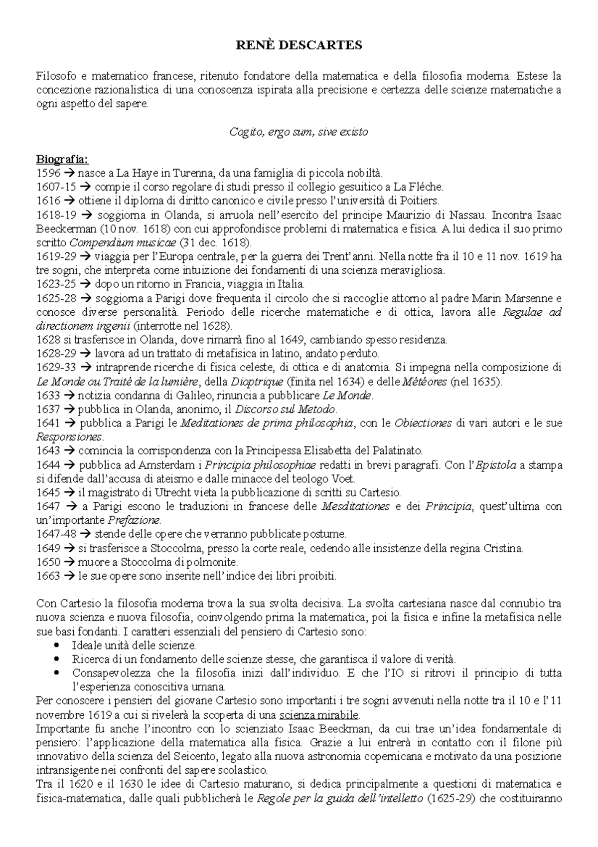 Rene Descartes Rene Descartes Filosofo E Matematico Francese Ritenuto Fondatore Della Matematica Studocu