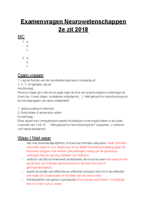 Tentamen 18 Januari 2018 Vragen En Antwoorden Examenvragen Neurowetenschappen 2e Zit 2018 Mc 1 A Studocu